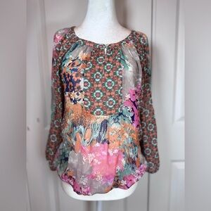 Fig & Flower Airy Bohemian Floral Frenzy Patchwork Floral Sheer Peasant Blouse S